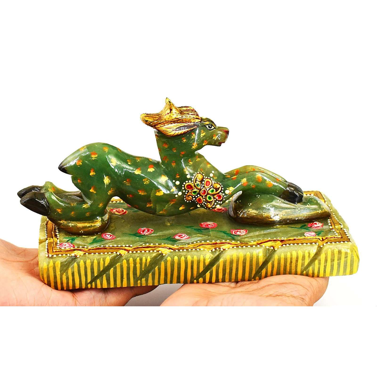 gemsmore:Beautiful Aventurine Enamel Printed Hand Carved Deer