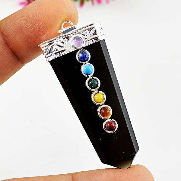 gemsmore:Beautiful Black Onyx Seven Chakra Healing Wand Pendant