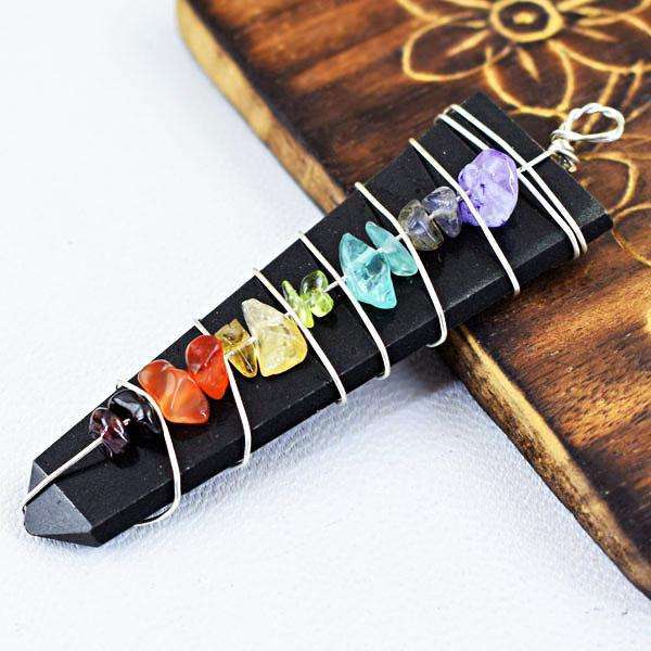 gemsmore:Beautiful Black Spinel Seven Chakra Healing Wand Pendant
