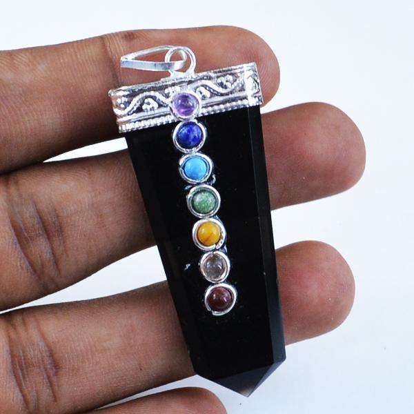 gemsmore:Beautiful Black Spinel Seven Chakra Healing Wand Pendant