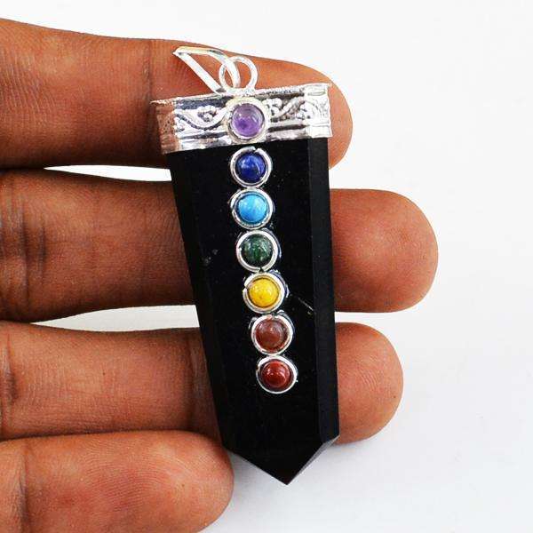 gemsmore:Beautiful Black Spinel Seven Chakra Healing Wand Pendant