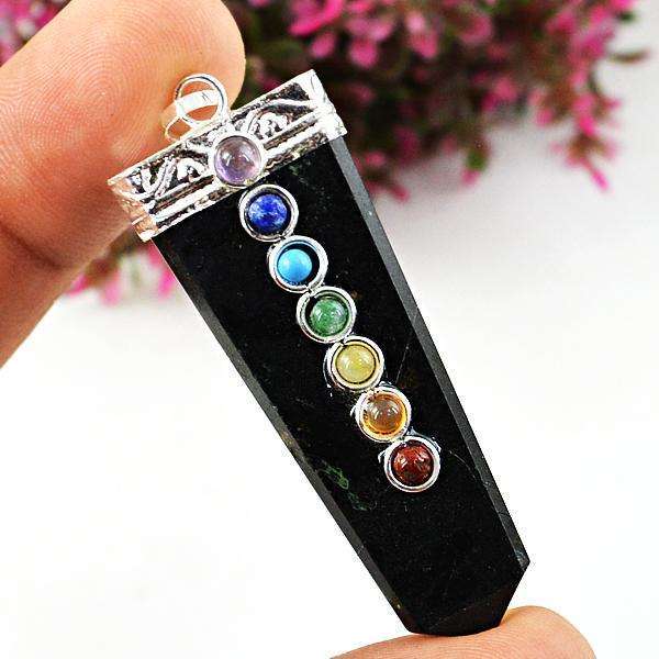 gemsmore:Beautiful Black Spinel Seven Chakra Healing Wand Pendant