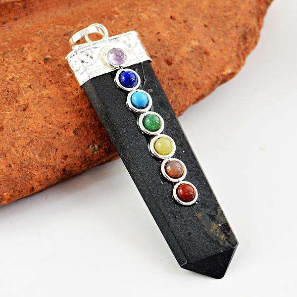 gemsmore:Beautiful Black Spinel Seven Chakra Healing Wand Pendant