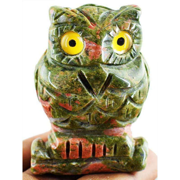 gemsmore:Beautiful Blood Green Unakite Carved Owl Gemstone