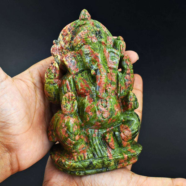 gemsmore:Beautiful Blood Green Unakite Hamd Carved Ganesha Idol