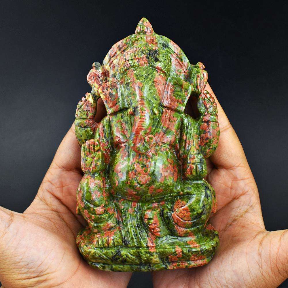 gemsmore:Beautiful Blood Green Unakite Hamd Carved Ganesha Idol