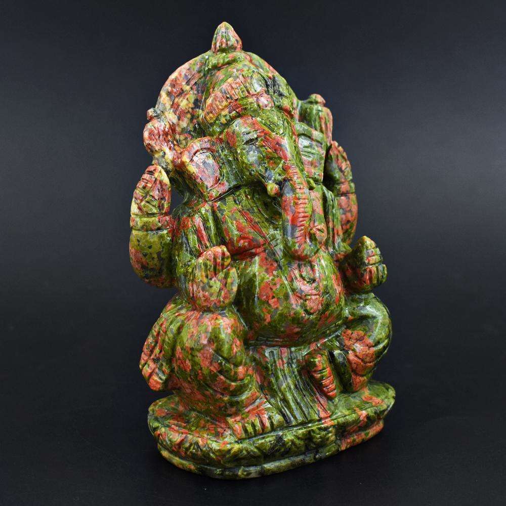 gemsmore:Beautiful Blood Green Unakite Hamd Carved Ganesha Idol