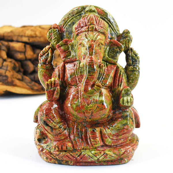 gemsmore:Beautiful Blood Green Unakite Hand Carved Lord Ganesha