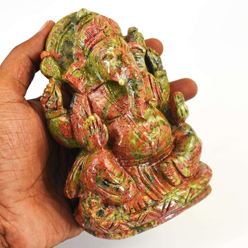 gemsmore:Beautiful Blood Green Unakite Hand Carved Lord Ganesha