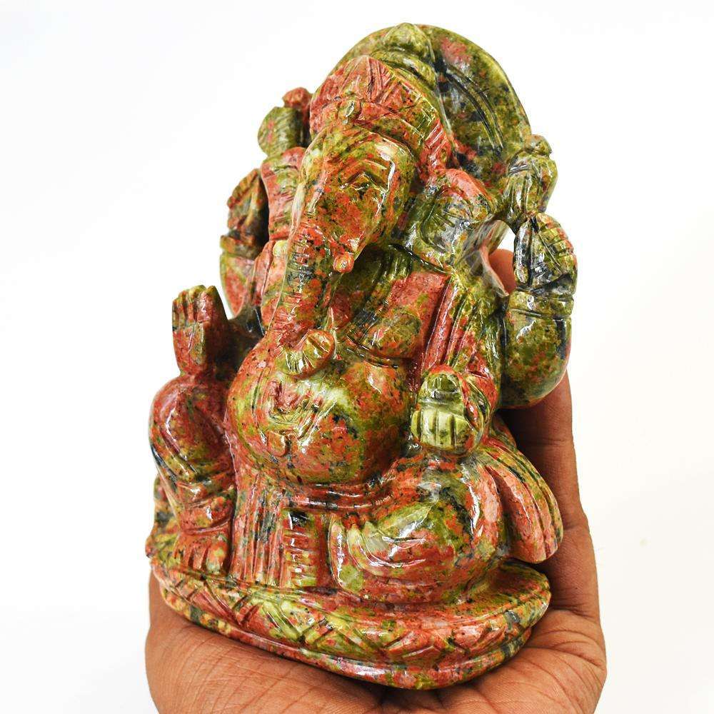 gemsmore:Beautiful Blood Green Unakite Hand Carved Lord Ganesha