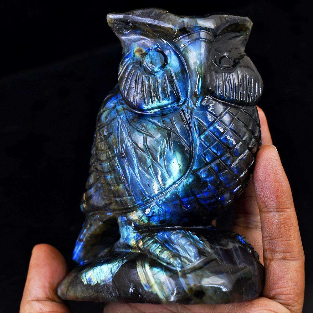 gemsmore:Beautiful Blue Flash Labardorite Hand Carved Gemstone Owl