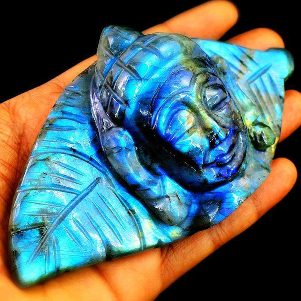 gemsmore:Beautiful Blue Flash Labradorite Carved Lord Buddha Head With Leaf