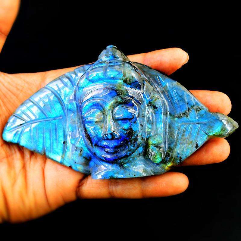 gemsmore:Beautiful Blue Flash Labradorite Carved Lord Buddha Head With Leaf