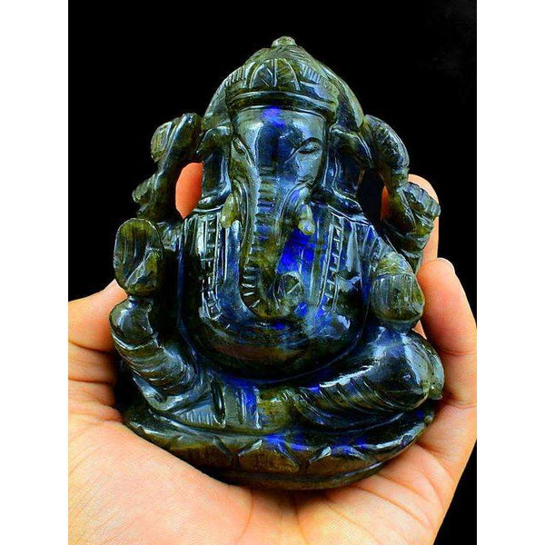 gemsmore:Beautiful Blue Flash Labradorite Gemstone Carved Lord Ganesha Idol