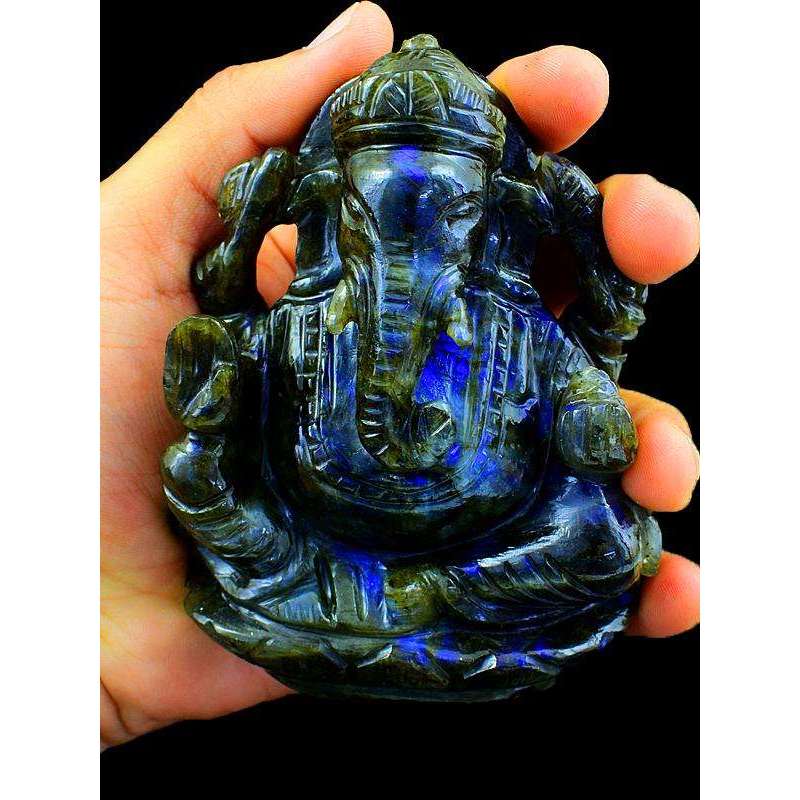 gemsmore:Beautiful Blue Flash Labradorite Gemstone Carved Lord Ganesha Idol