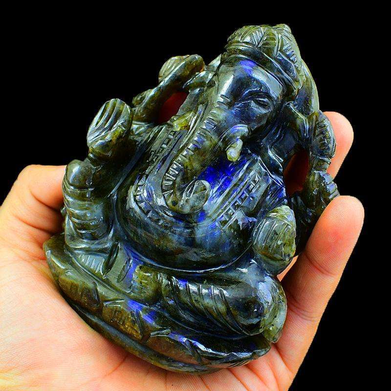 gemsmore:Beautiful Blue Flash Labradorite Gemstone Carved Lord Ganesha Idol