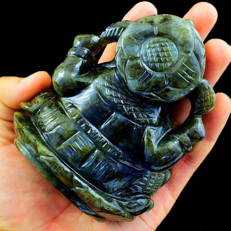 gemsmore:Beautiful Blue Flash Labradorite Gemstone Carved Lord Ganesha Idol