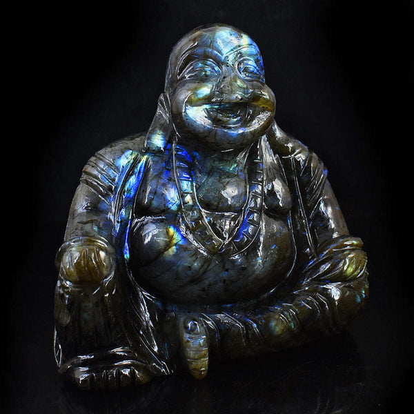 gemsmore:Beautiful Blue Flash Labradorite Hand Carved Laughing Buddha