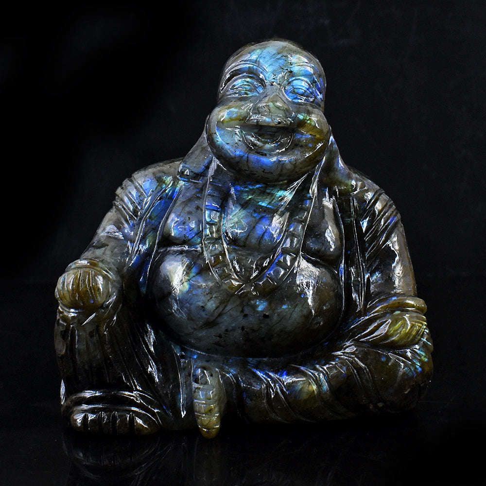 gemsmore:Beautiful Blue Flash Labradorite Hand Carved Laughing Buddha