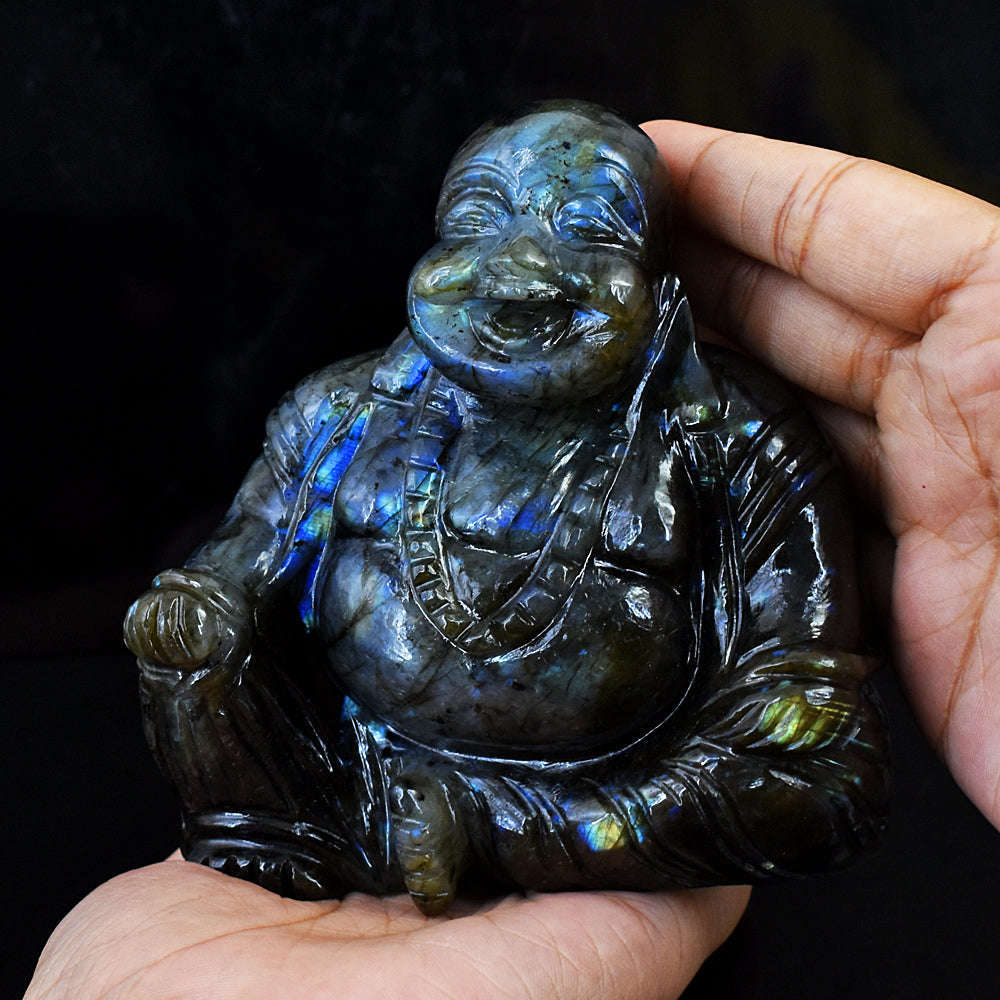 gemsmore:Beautiful Blue Flash Labradorite Hand Carved Laughing Buddha