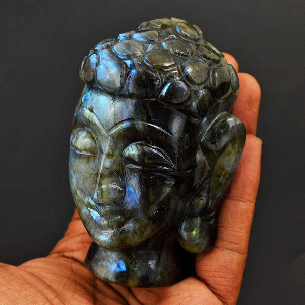 gemsmore:Beautiful Blue Flash Labradorite Hand Carved Lord Buddha Head