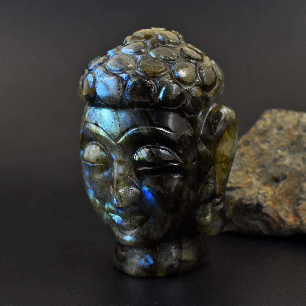 gemsmore:Beautiful Blue Flash Labradorite Hand Carved Lord Buddha Head