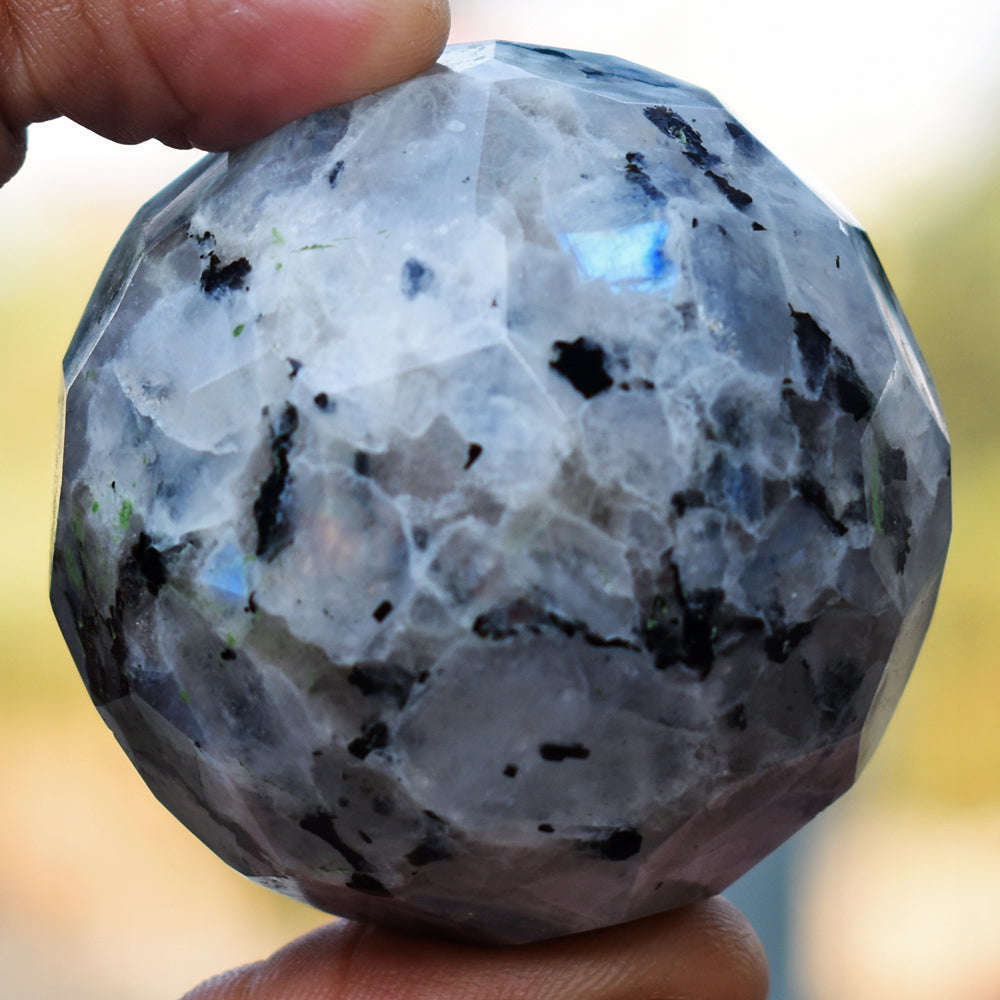 gemsmore:Beautiful Blue Flash Moonstone Hand Carved Faceted Healing Crystal Sphere