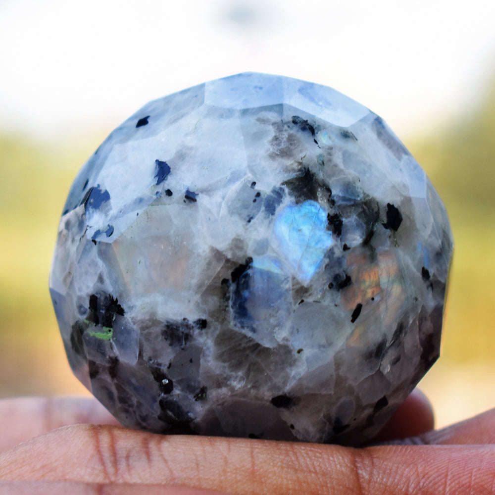 gemsmore:Beautiful Blue Flash Moonstone Hand Carved Faceted Healing Crystal Sphere