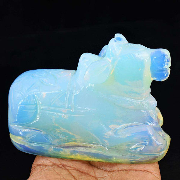 gemsmore:Beautiful Blue Flash Opalite Hand Carved Cow