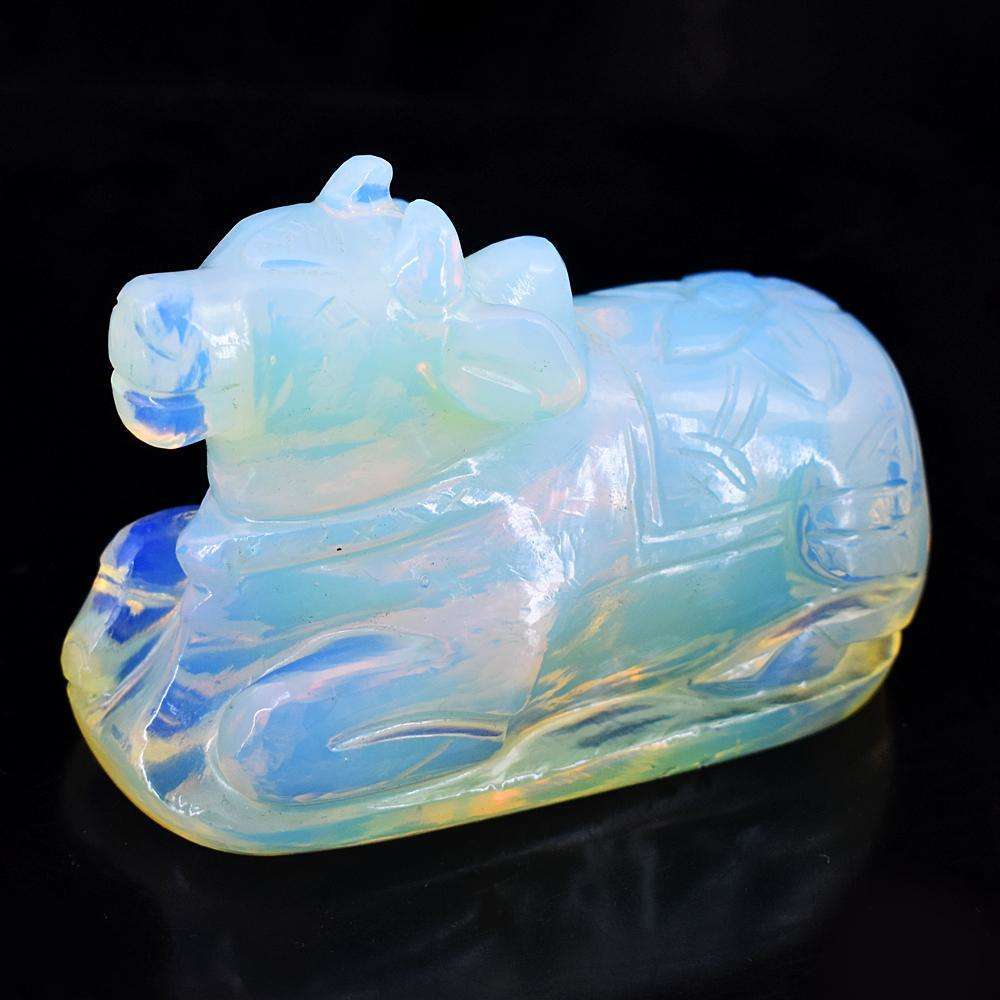 gemsmore:Beautiful Blue Flash Opalite Hand Carved Cow