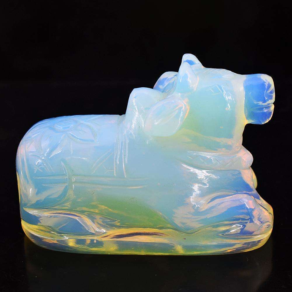 gemsmore:Beautiful Blue Flash Opalite Hand Carved Cow