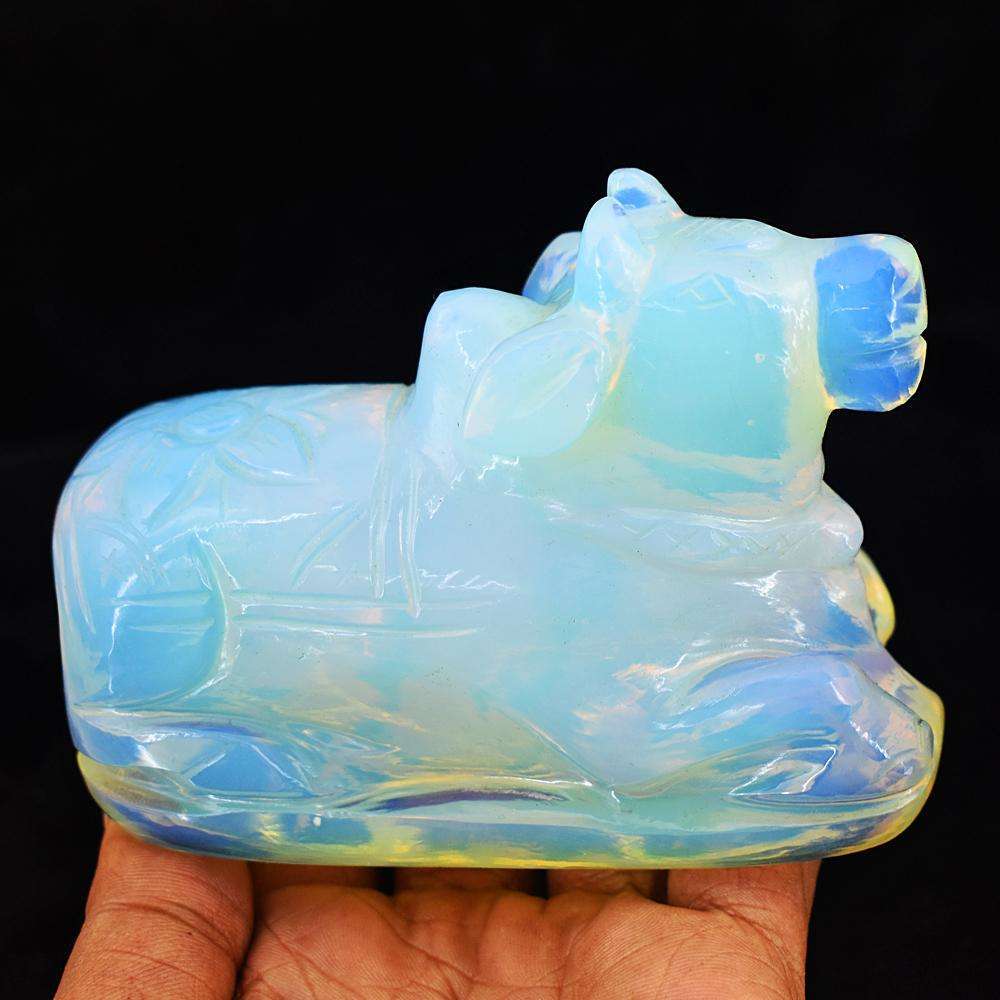 gemsmore:Beautiful Blue Flash Opalite Hand Carved Cow