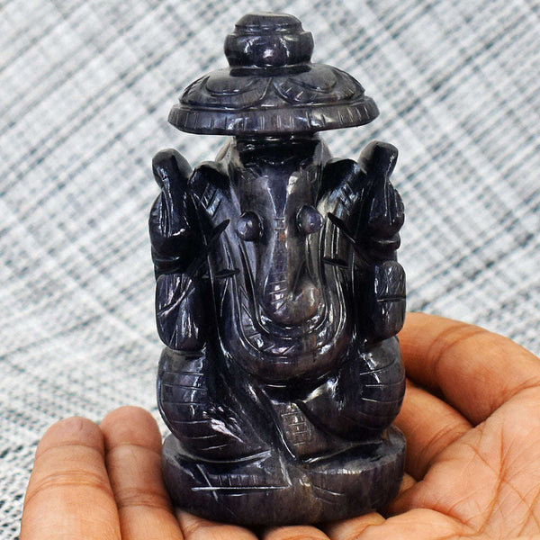 gemsmore:Beautiful Blue Iolite Hand Carved Idol Lord Ganesha With Throne