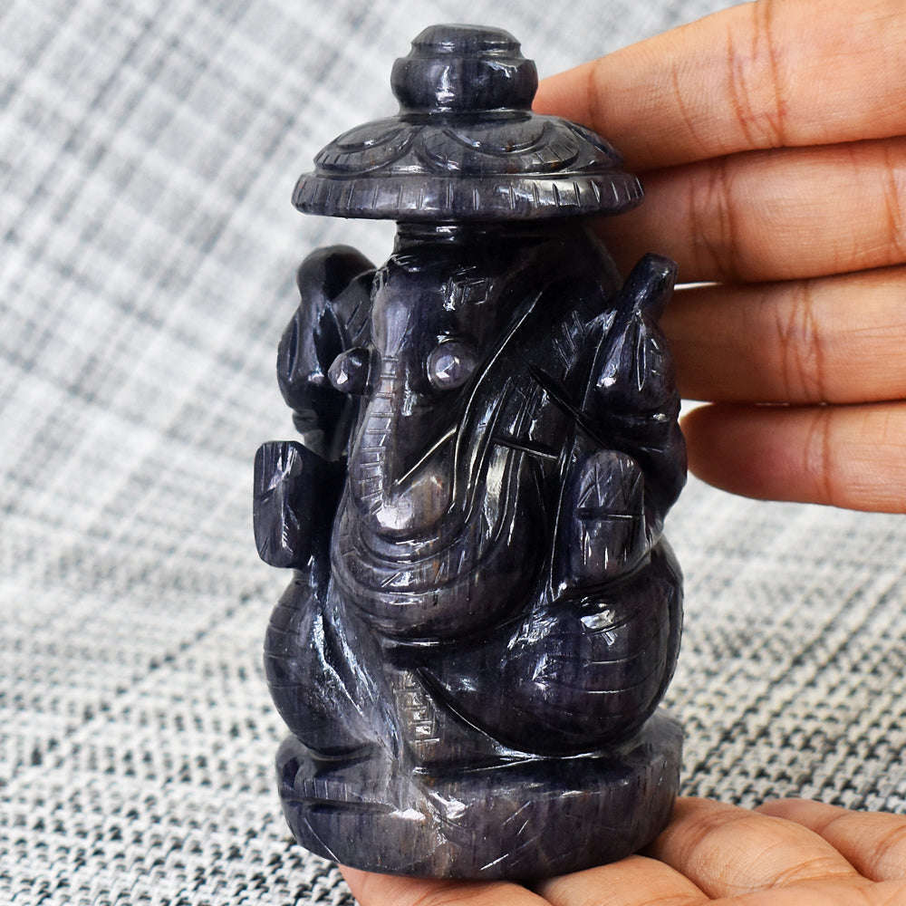 gemsmore:Beautiful Blue Iolite Hand Carved Idol Lord Ganesha With Throne