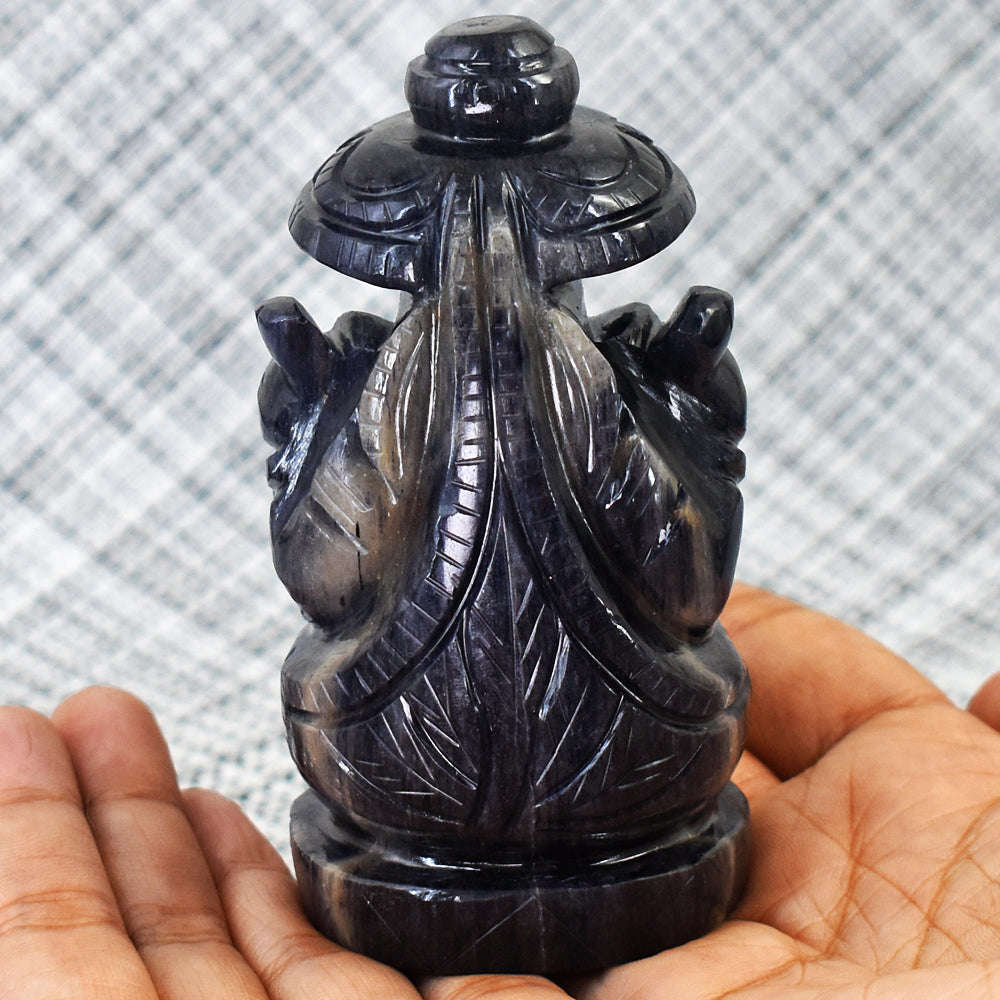 gemsmore:Beautiful Blue Iolite Hand Carved Idol Lord Ganesha With Throne