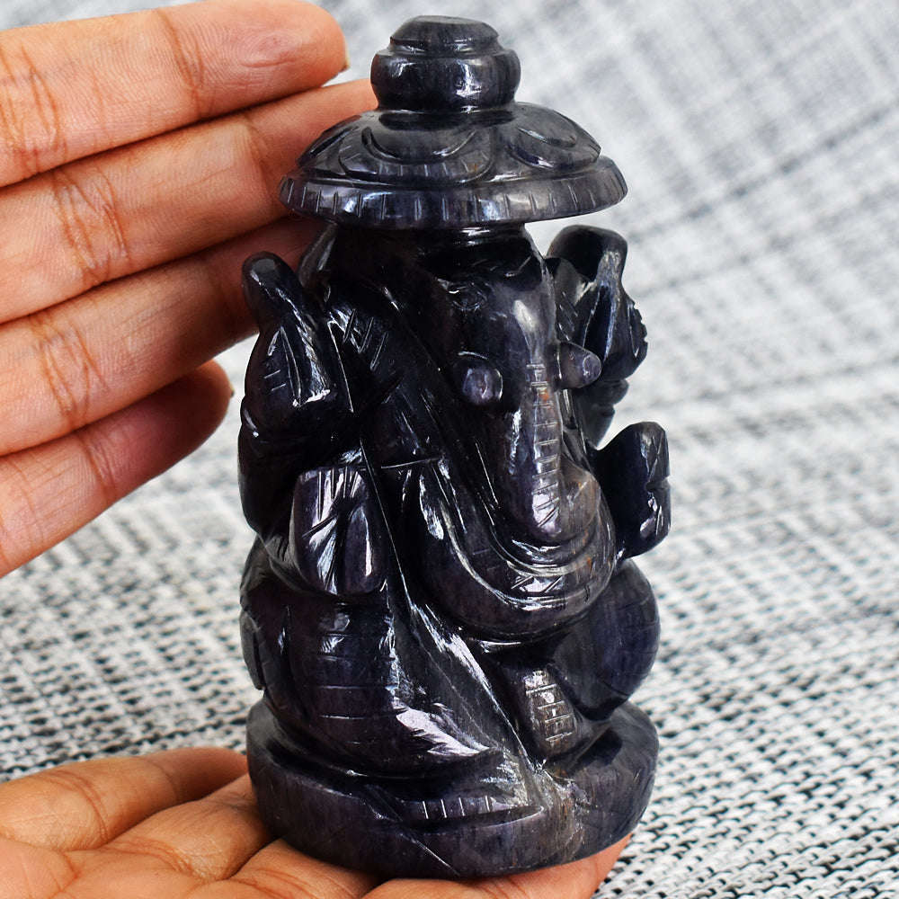 gemsmore:Beautiful Blue Iolite Hand Carved Idol Lord Ganesha With Throne