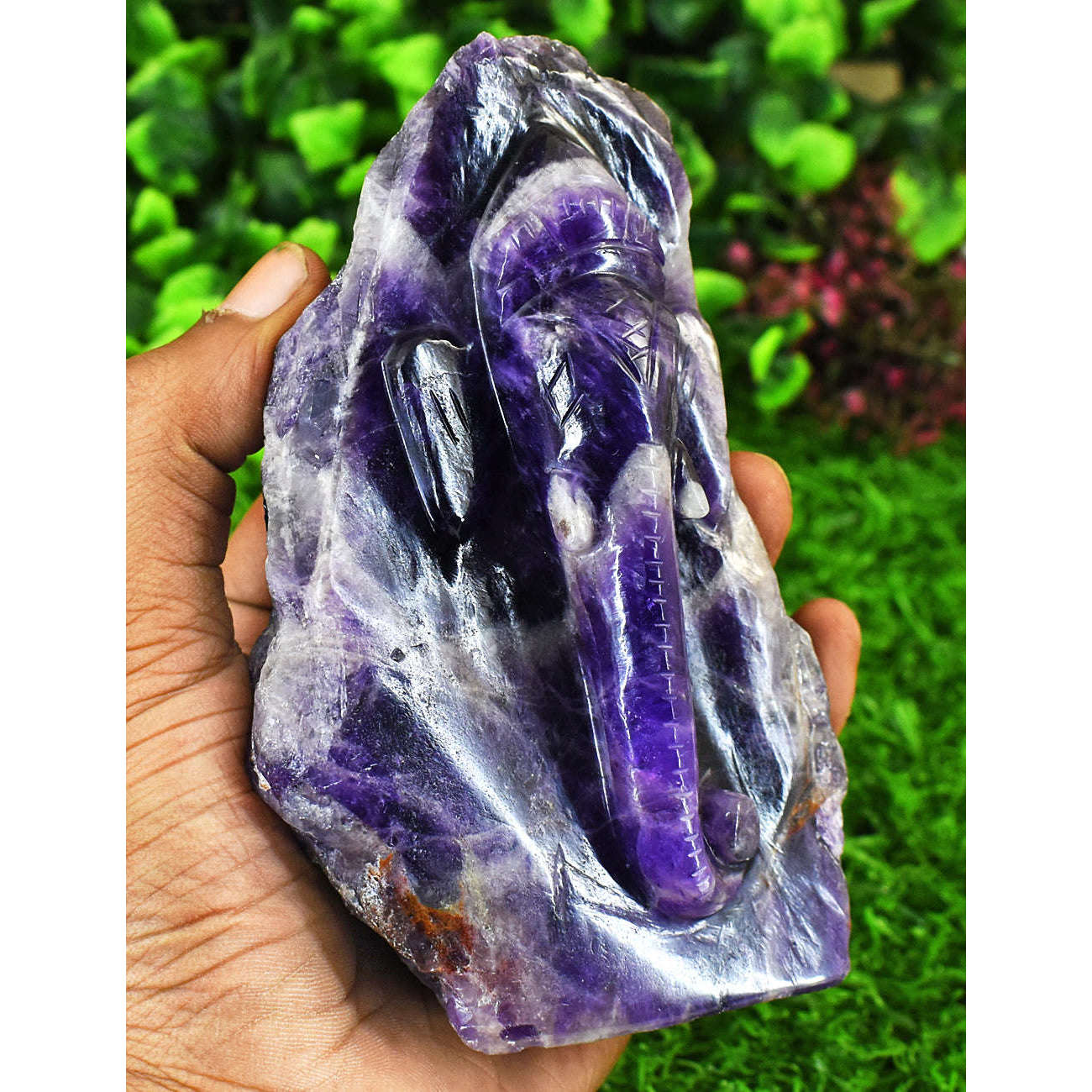 gemsmore:Beautiful Chevron Amethyst Hand Carved Genuine Crystal Gemstone Carving Lord Ganesha