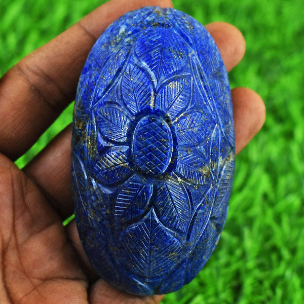 gemsmore:Beautiful Denim Blue Lapis Lazuli Hand Carved Genuine Crystal Gemstone Carving Mughal Carved Cabochon