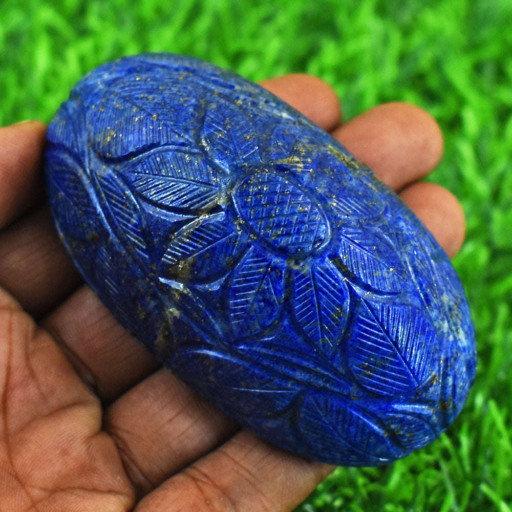 gemsmore:Beautiful Denim Blue Lapis Lazuli Hand Carved Genuine Crystal Gemstone Carving Mughal Carved Cabochon