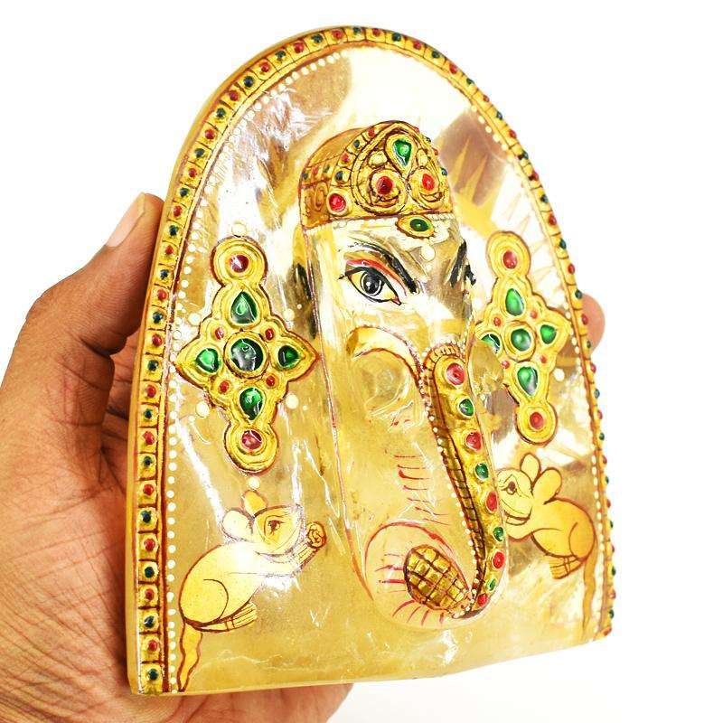gemsmore:Beautiful Enamel Work Aventurine Hand Carved Lord Ganesha
