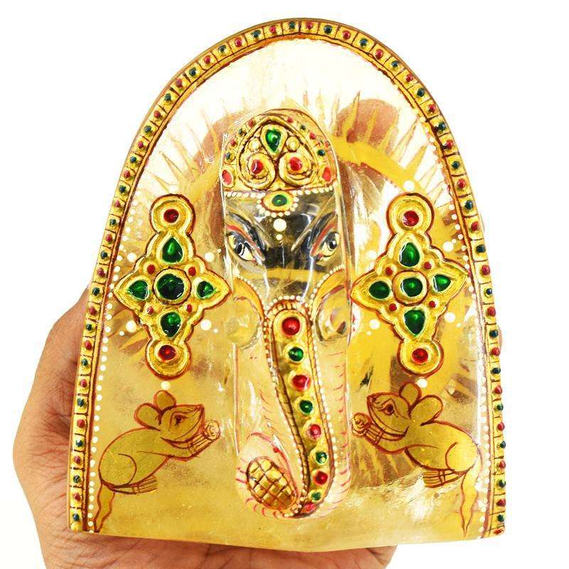 gemsmore:Beautiful Enamel Work Aventurine Hand Carved Lord Ganesha