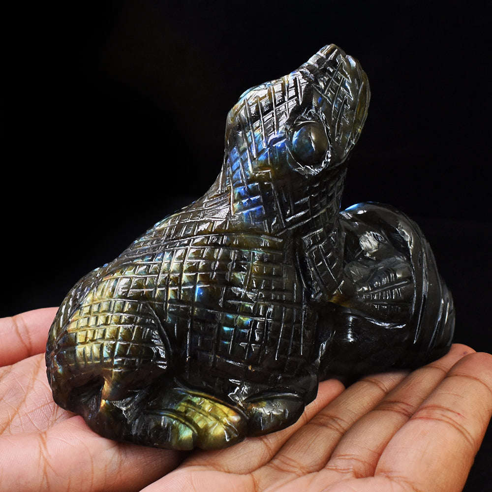 gemsmore:Beautiful Golden & Blue Flash Labradorite Hand Carved Genuine Crystal Gemstone Carving Chameleon