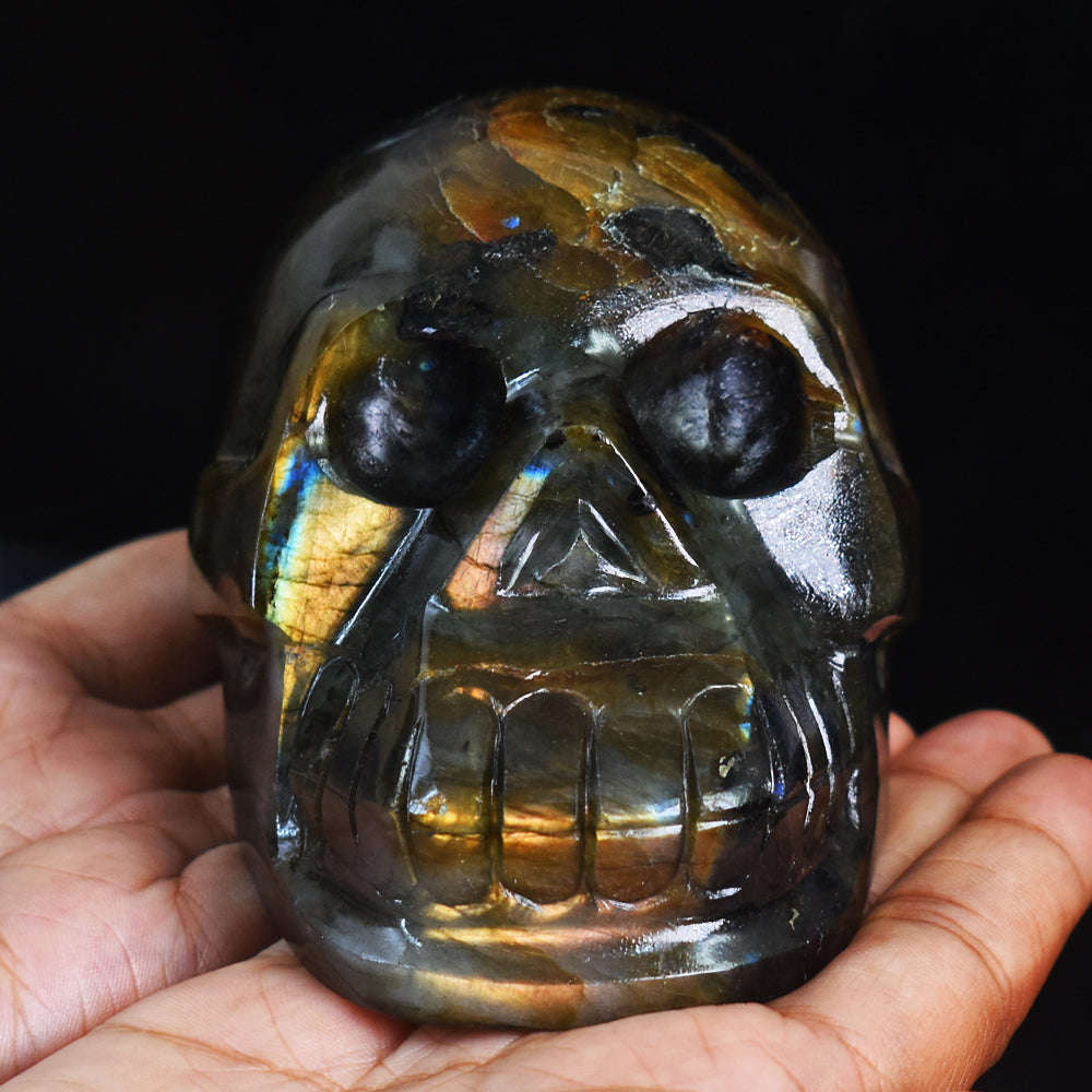 gemsmore:Beautiful Golden & Blue Flash Labradorite Hand Carved Genuine Crystal Gemstone Carving Skull