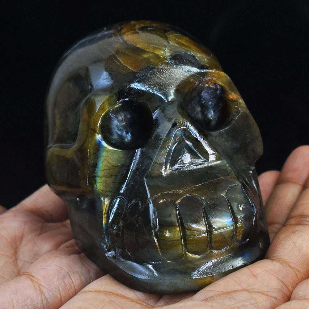 gemsmore:Beautiful Golden & Blue Flash Labradorite Hand Carved Genuine Crystal Gemstone Carving Skull