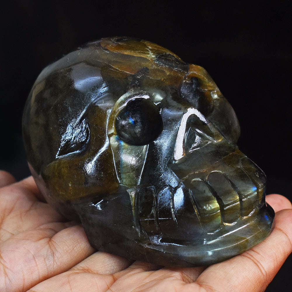 gemsmore:Beautiful Golden & Blue Flash Labradorite Hand Carved Genuine Crystal Gemstone Carving Skull