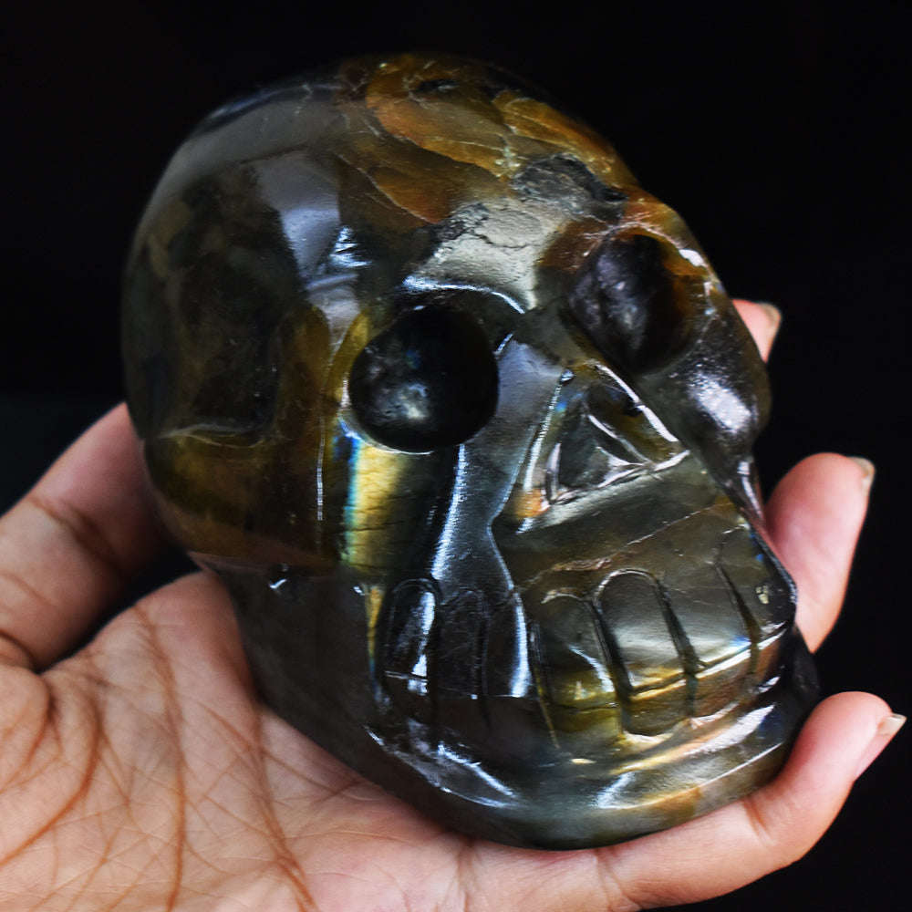 gemsmore:Beautiful Golden & Blue Flash Labradorite Hand Carved Genuine Crystal Gemstone Carving Skull