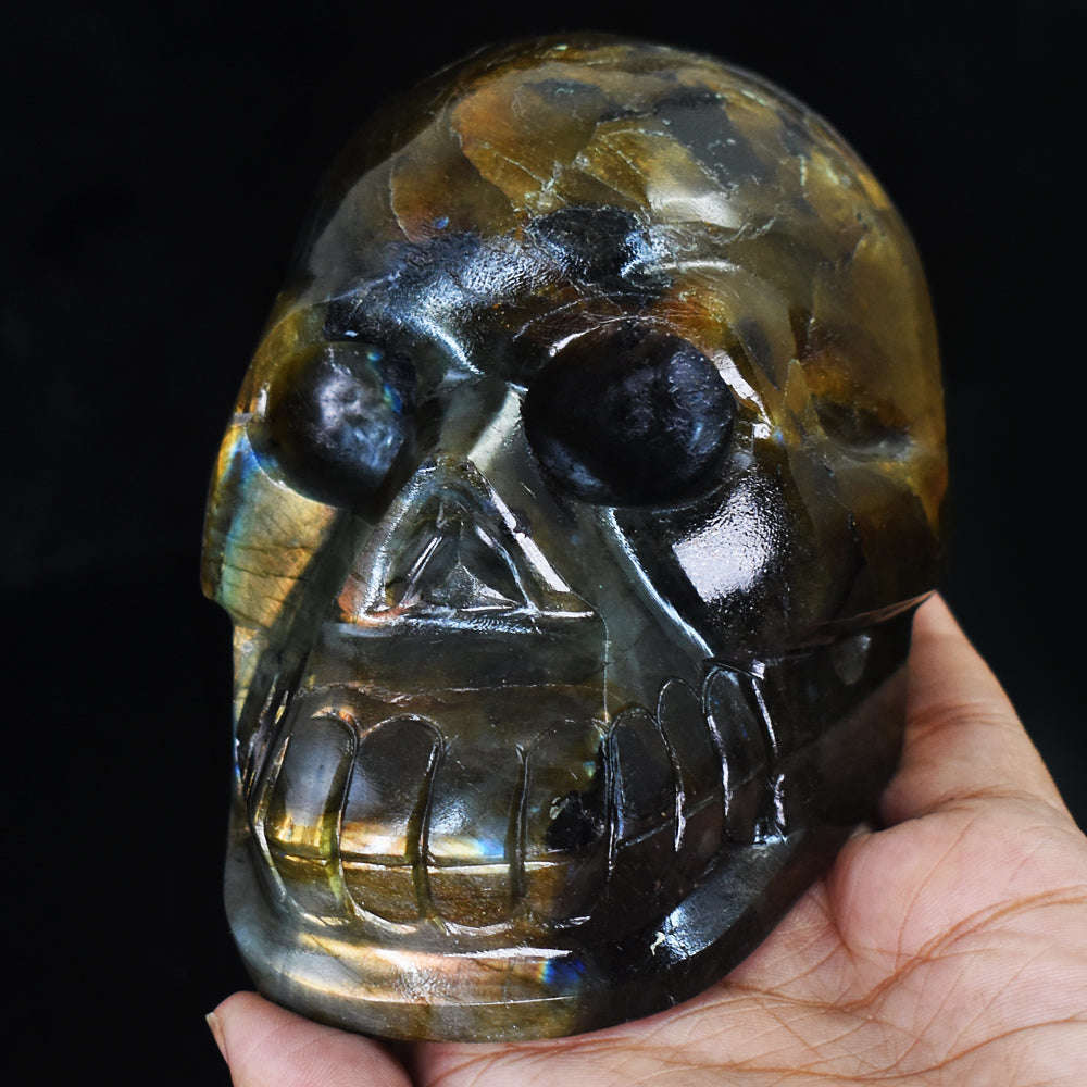 gemsmore:Beautiful Golden & Blue Flash Labradorite Hand Carved Genuine Crystal Gemstone Carving Skull