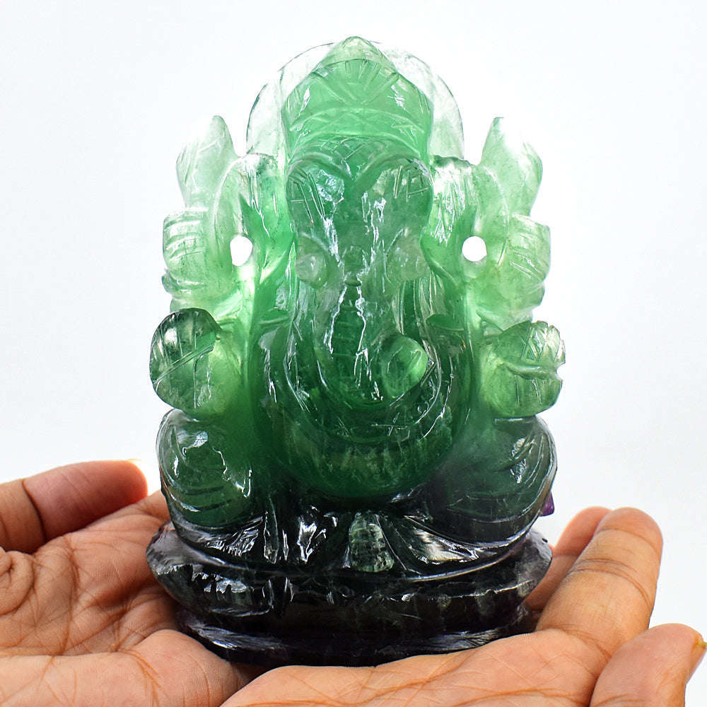 gemsmore:Beautiful Green Fluorite Hand Carved Lord Ganesha Idol