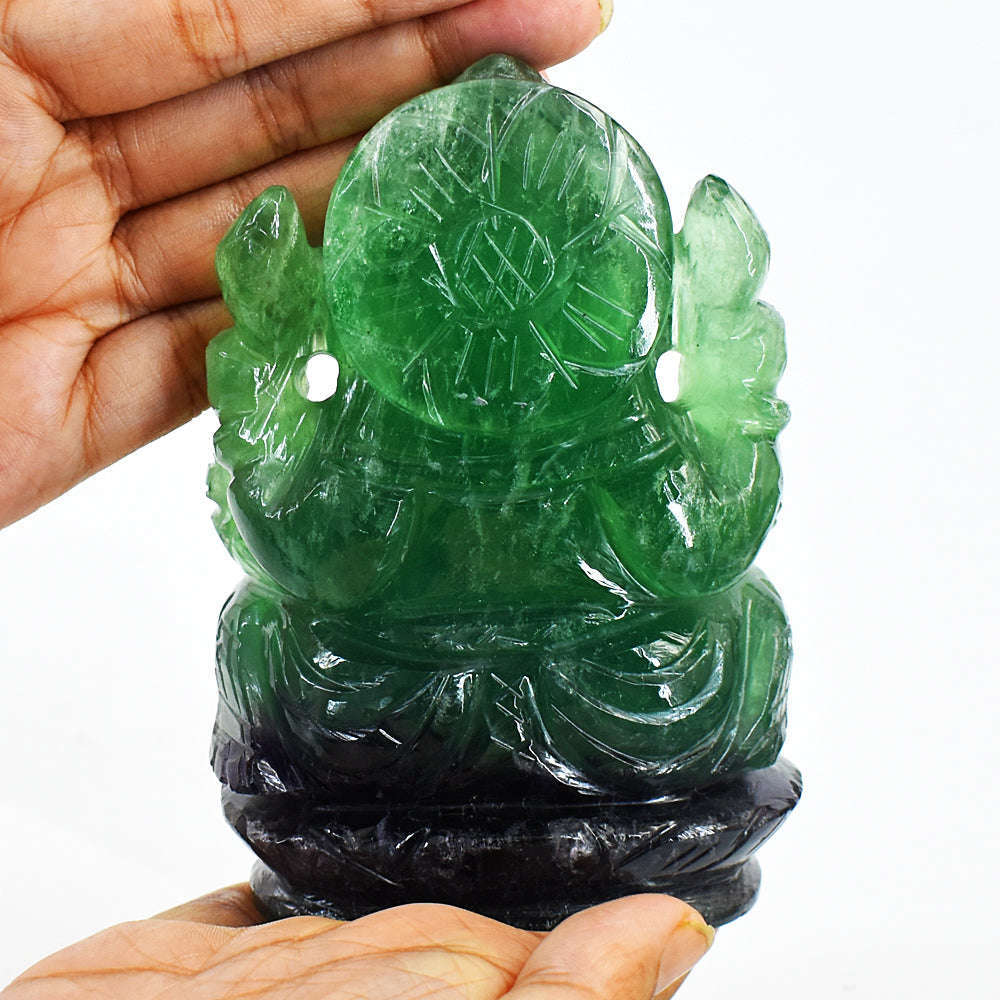 gemsmore:Beautiful Green Fluorite Hand Carved Lord Ganesha Idol