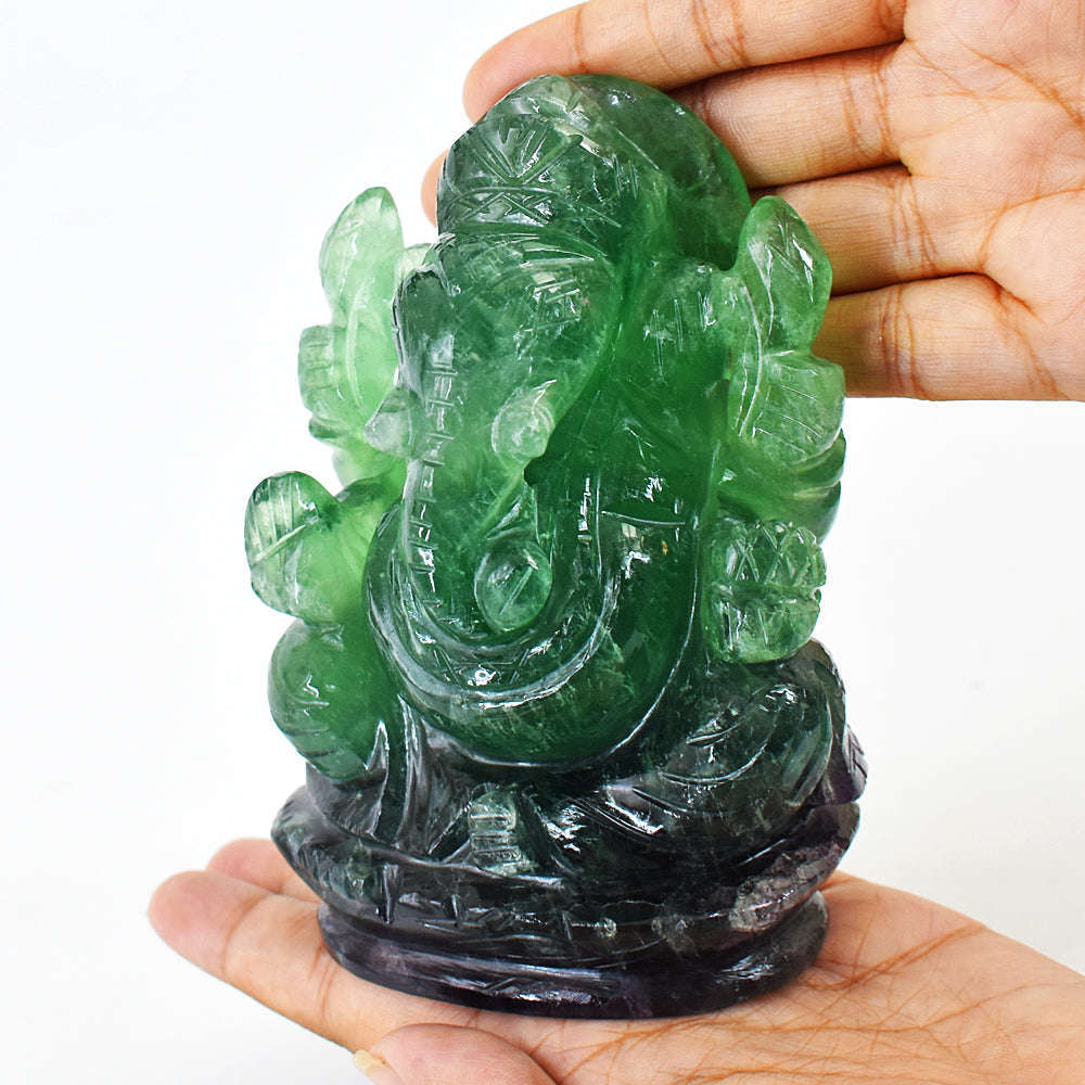 gemsmore:Beautiful Green Fluorite Hand Carved Lord Ganesha Idol